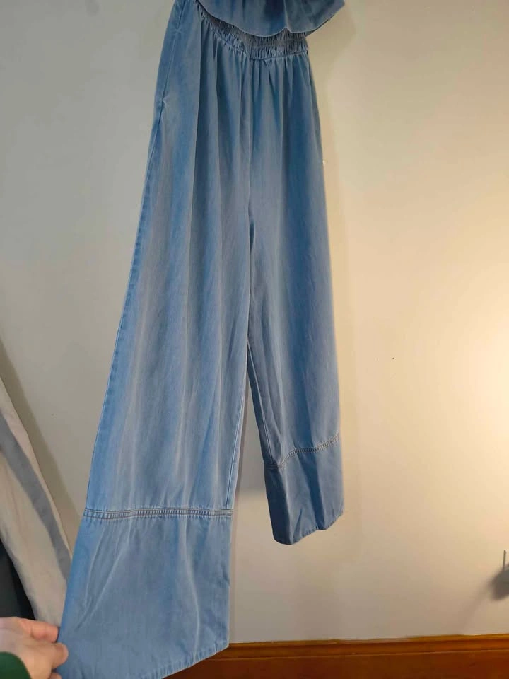 MISA Los Angeles Denim Off-the-Shoulder Wide Leg Jumpsuit S - photo 3