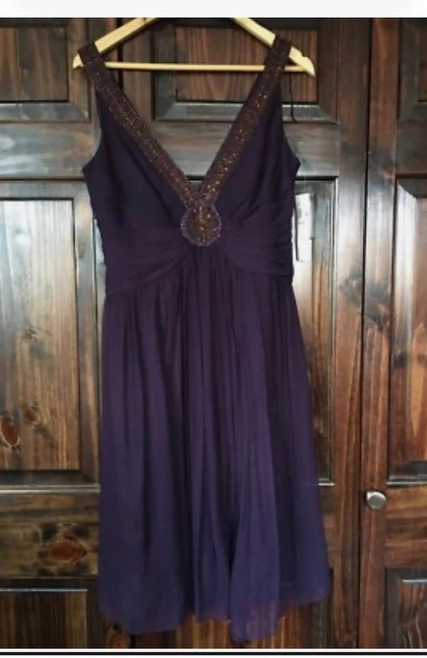 Maggy London Womens 6 Purple Silk Beaded V Neck Dress