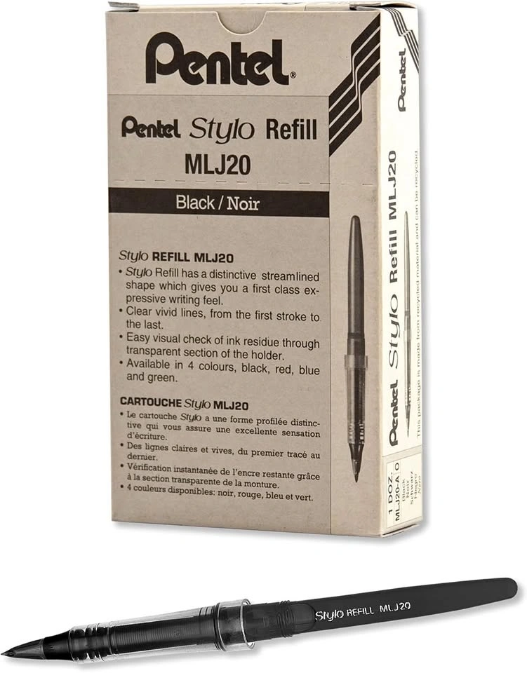 Pentel Arts Tradio Stylo Sketch Pen Refills, Black, Box of 12