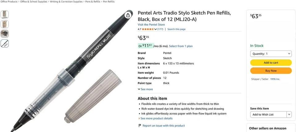Pentel Arts Tradio Stylo Sketch Pen Refills, Black, Box of 12 - photo 2