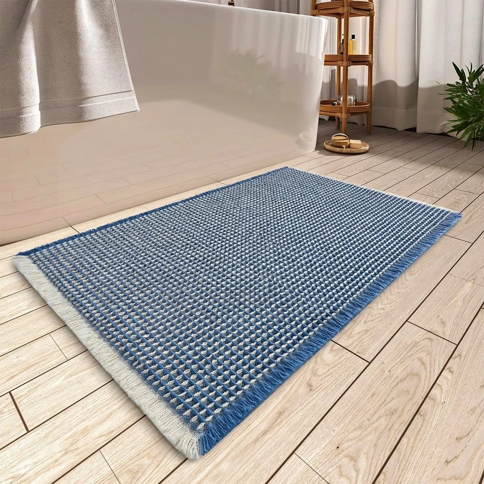 Bath Mat Rug for Bathroom (Blue Cream) 46 x 77 cm