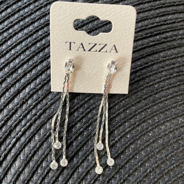 NEW Silver Dangling Flat Chain Drop Earrings w/ Crystals - photo 2