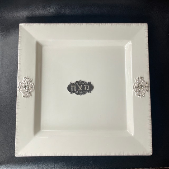 White Square Passover Matzoh Plate with Rhinestones - 12"