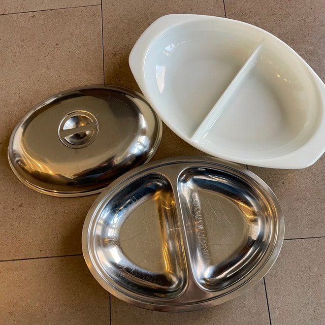 RARE 60s Milkglass Pyrex Oval Divided Dish w/ Steel Insert + Lid