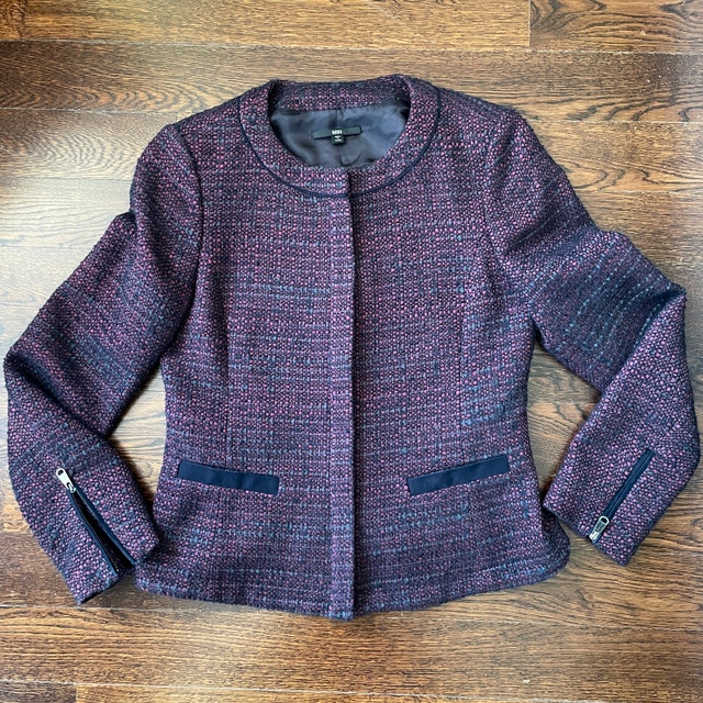 Hugo Boss Women's Burgundy Red and Navy Tweed Jacket - Size 6