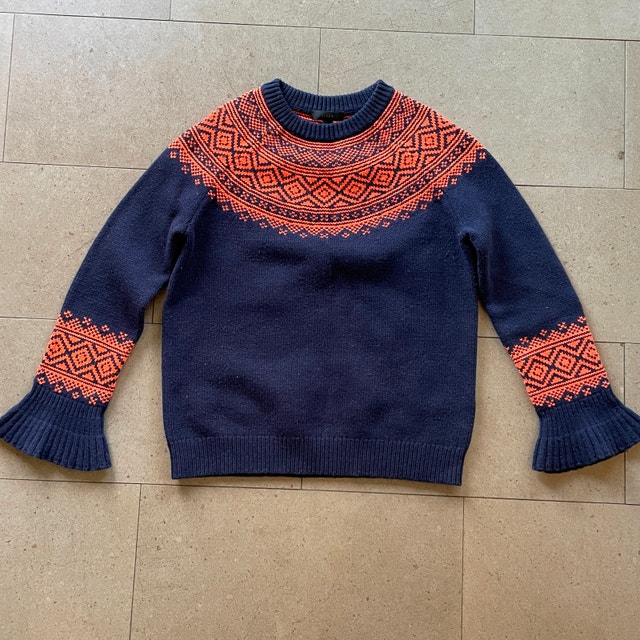 J Crew Merino Wool Blend Navy & Orange Ruffle Sleeve Sweater - X