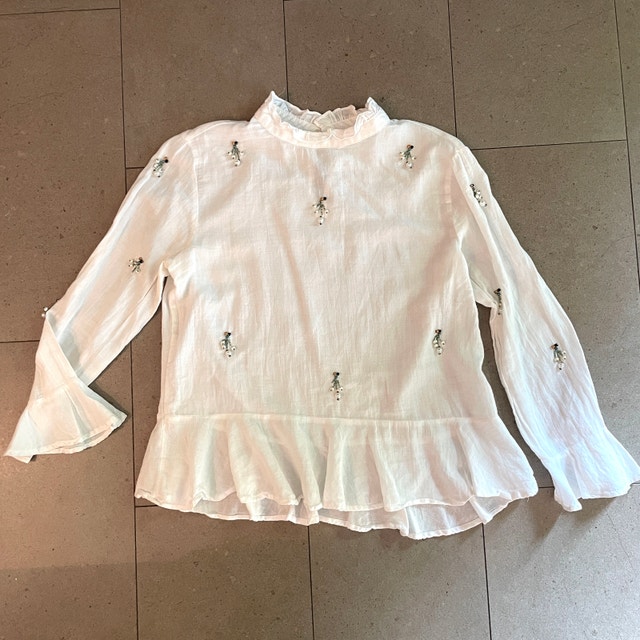 Zara White Cotton Blouse w/ Pearls & Rhinestones - Small