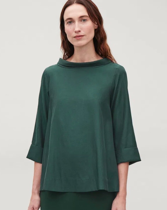 COS Forest Green Folded-Collar Draped Blouse/Tunic-Size 2