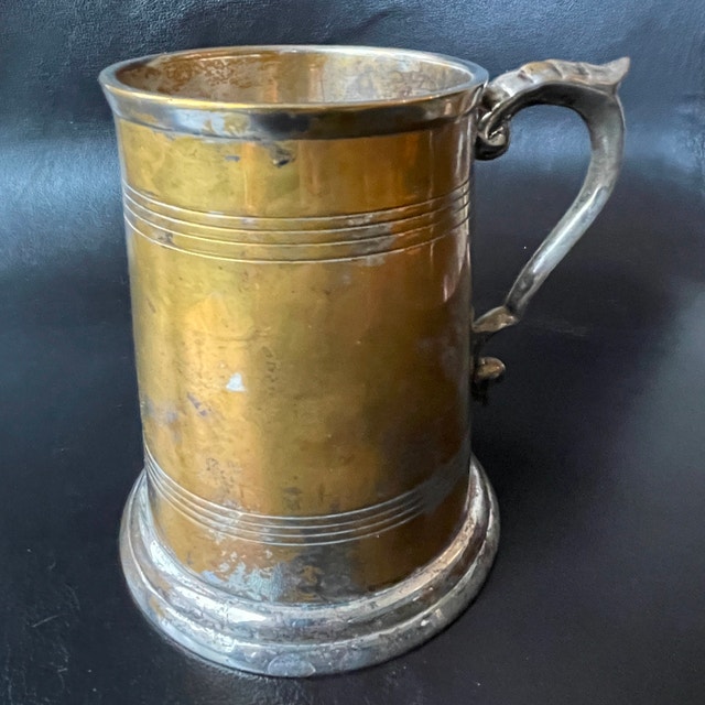 Large Vintage Silverplated Brass Stein Tankard