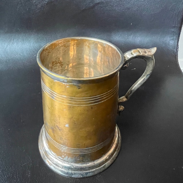 Large Vintage Silverplated Brass Stein Tankard - photo 3
