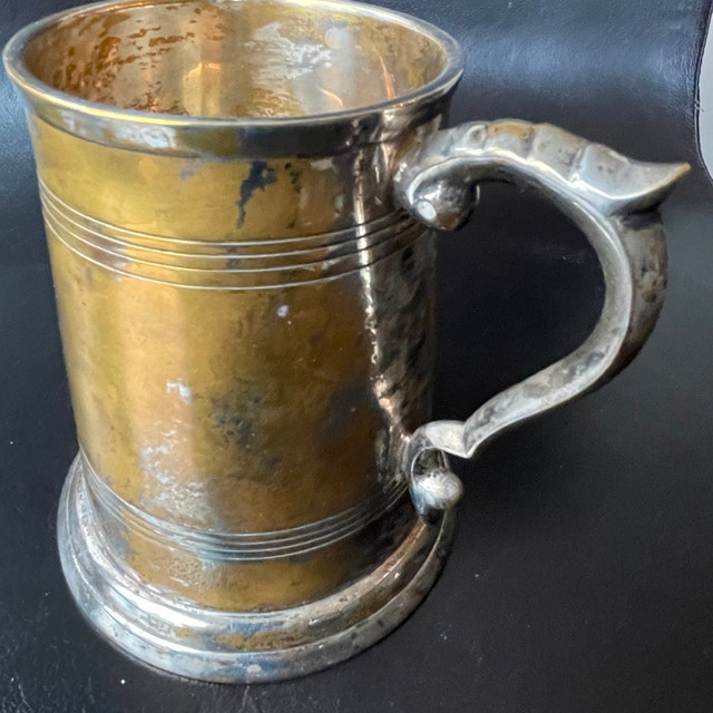 Large Vintage Silverplated Brass Stein Tankard - photo 4