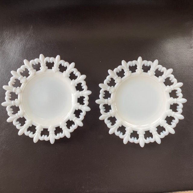 2 x Westmoreland Milk Glass Plates - Fleur de Lis