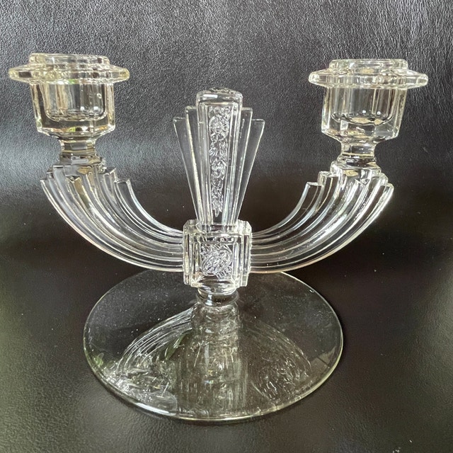 Vintage 30s Art Deco Pressed Glass Candelabra Candlestick