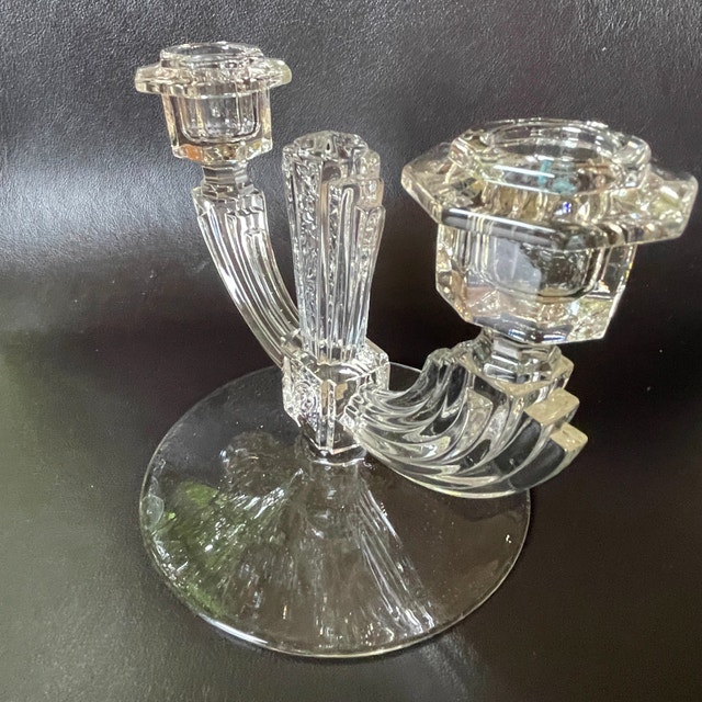 Vintage 30s Art Deco Pressed Glass Candelabra Candlestick - photo 3