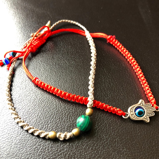 2 cool unisex cord bracelets -Evil Eye Hamsa and Malachite bead