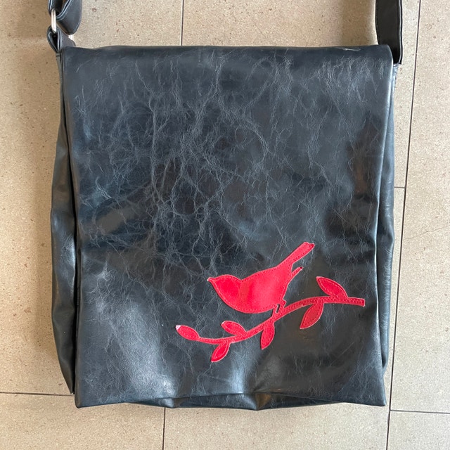 Black Faux Leather Satchel Messenger Bag with Red Bird