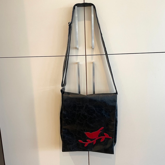 Black Faux Leather Satchel Messenger Bag with Red Bird - photo 4