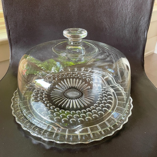 Vintage Glass Cake Dome w/ Federal Depression Glass Cake Platter