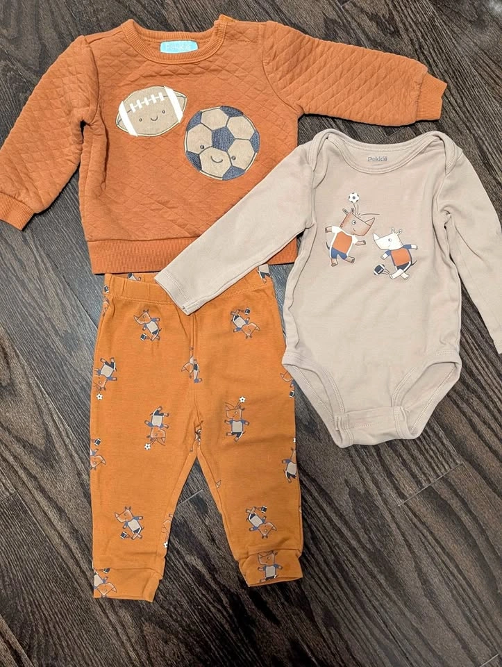 Pekkle Baby Boy 3 Piece Outfit 12M Quilted Sweater Rhinos Sports