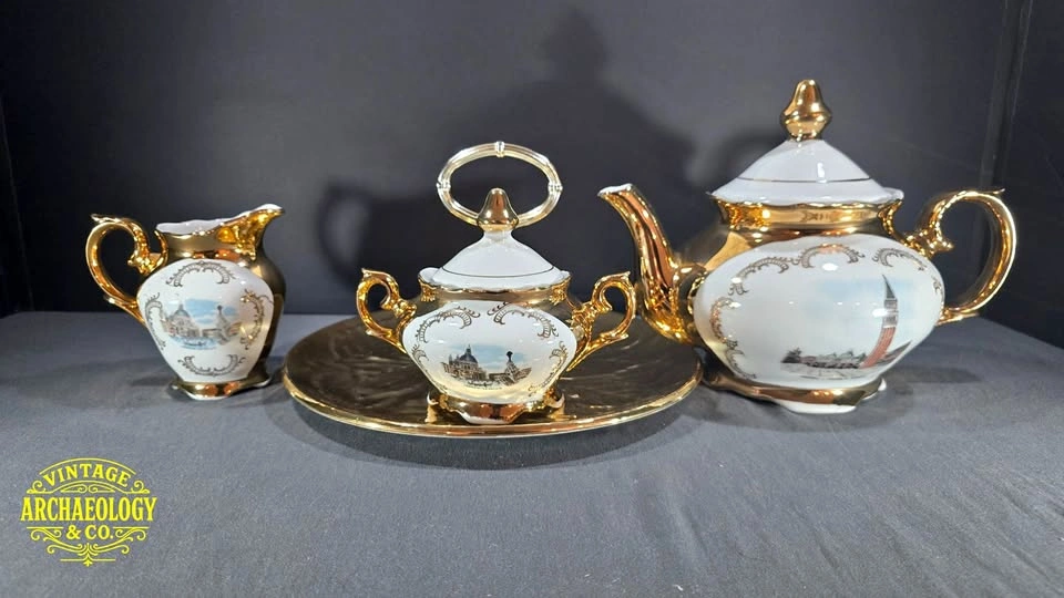 Porcelain Tea Set with 24k Gold & Venetian Scenes