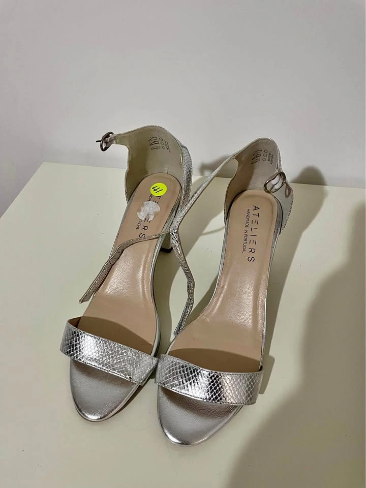 Ateliers Silver Snake-Effect Ankle-Strap Heels