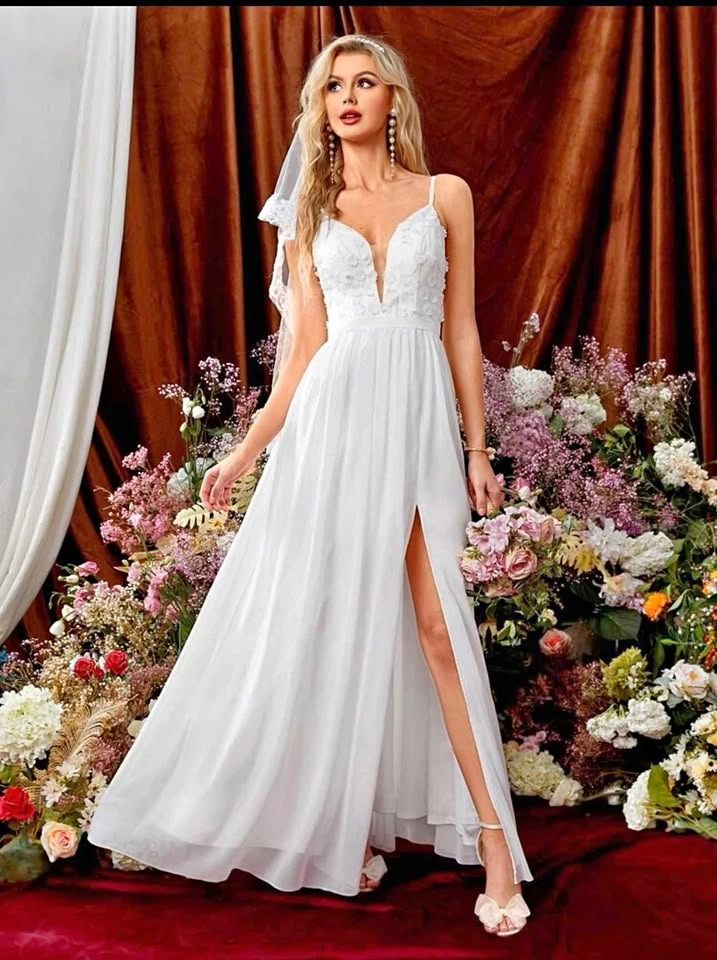 Wedding Dress - Appliques, Mesh Insert, Split Thigh Chiffon