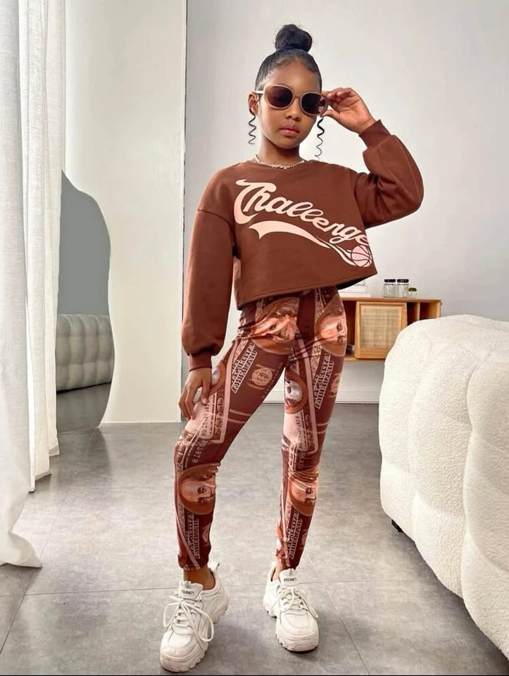 Girl Letter And Figure Drop Shoulder Thermal Pullover and Leggin
