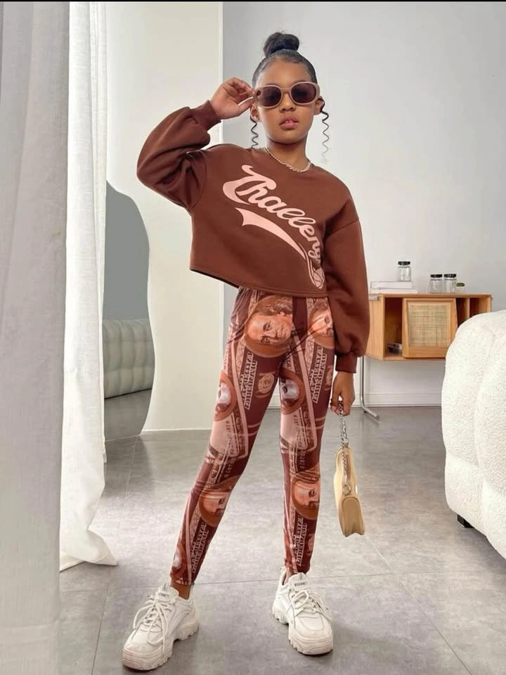 Girl Letter And Figure Drop Shoulder Thermal Pullover and Leggin - photo 5