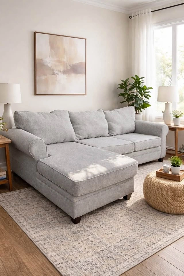 (DELIVERY AVAILABLE) Modern L-Shaped Sectional Sofa – Light Gray