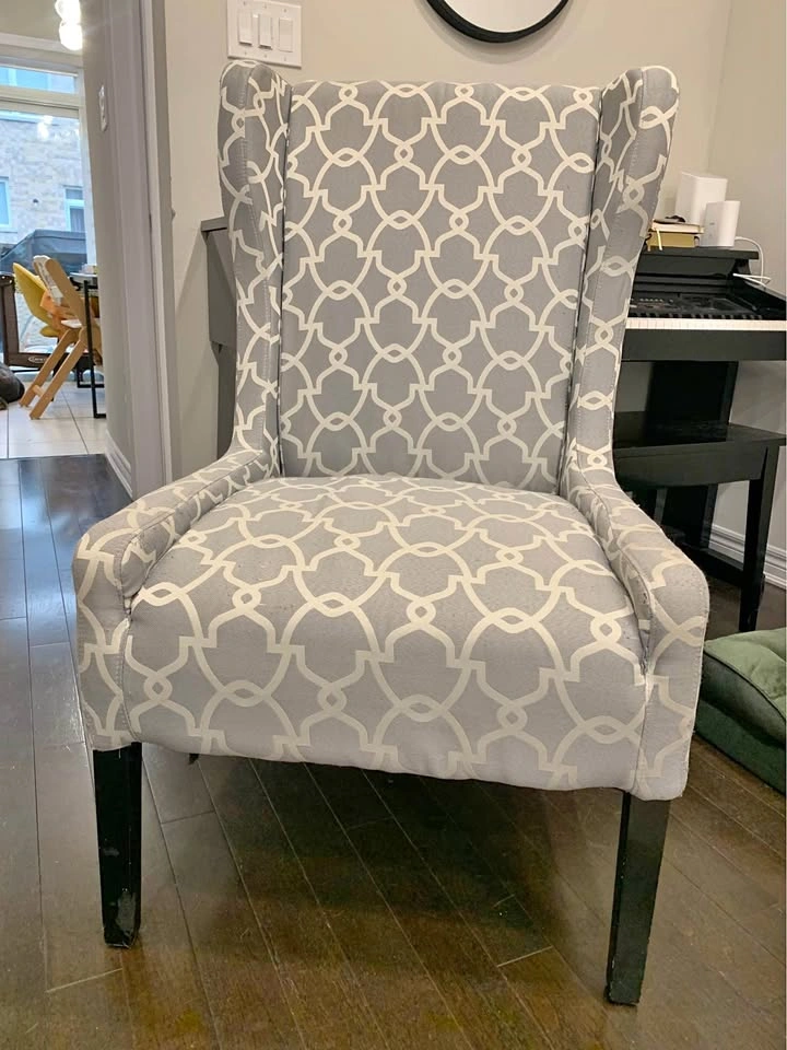 Gray and White Geometric Wingback Accent Chair