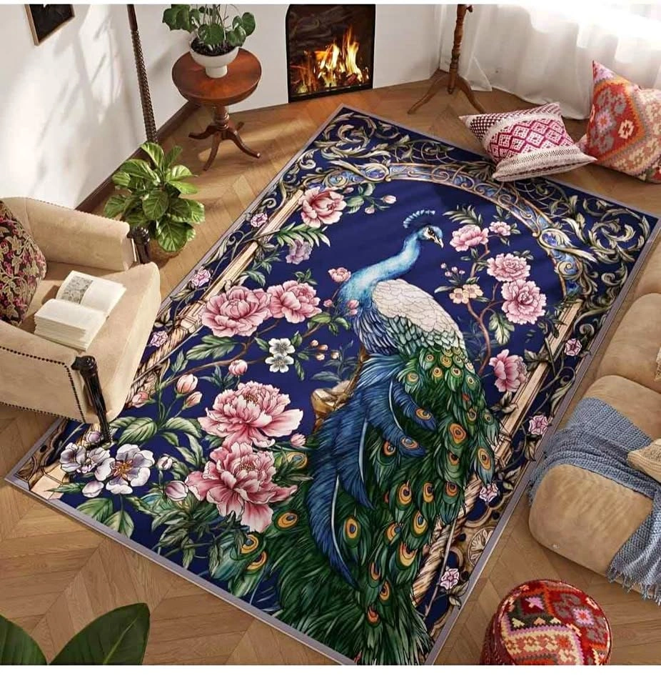 Living Room Rug 5x7 Machine Washable Floral Peacock Area Rug
