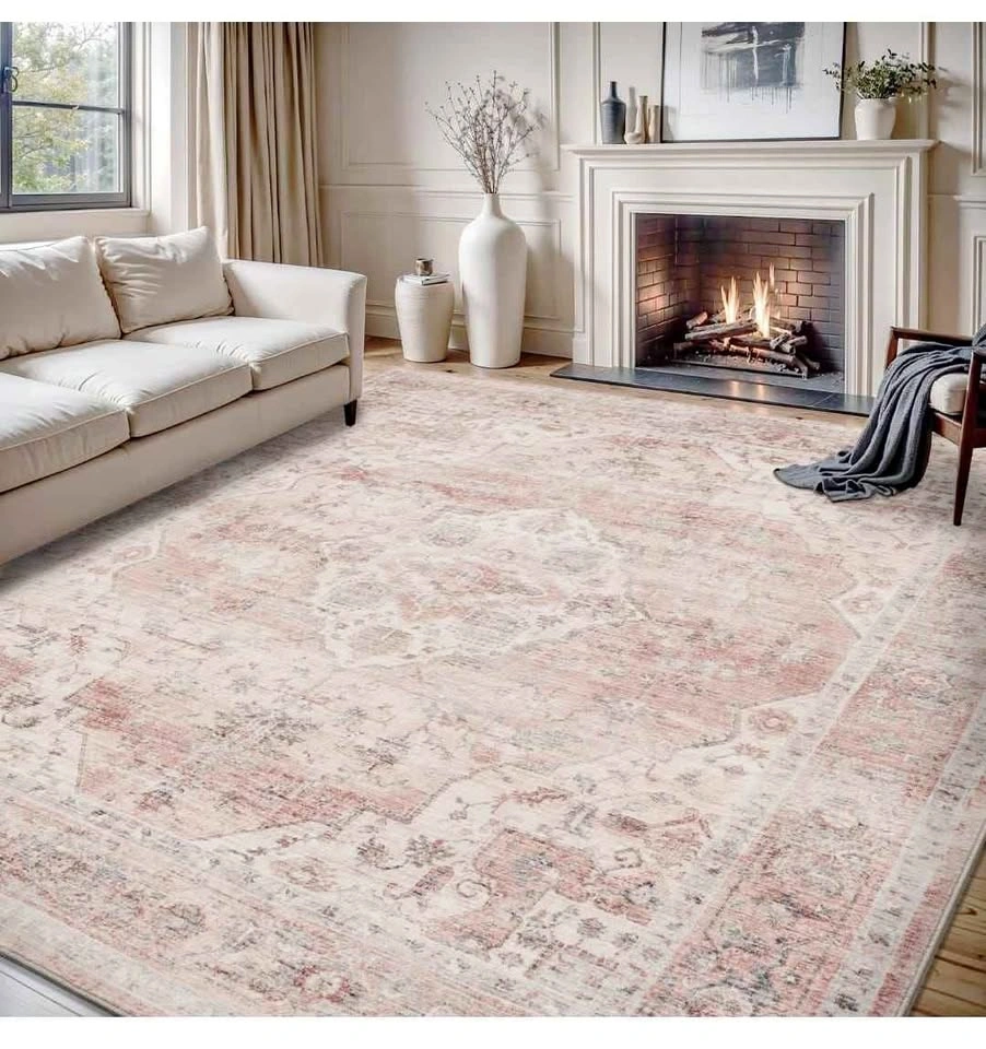 Montvoo Area Rug 8X10 - Pink Machine Washable Living Room Rug