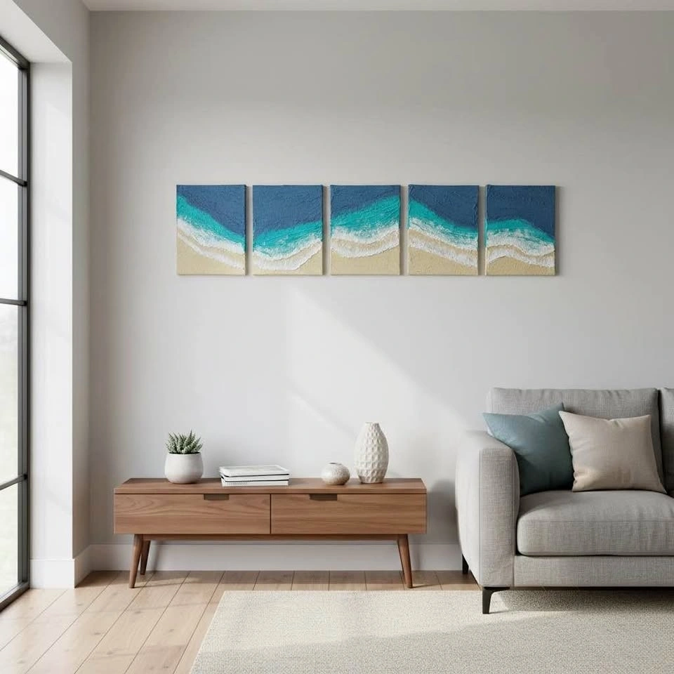 5-Piece Ocean Wave Textured Canvas Art | Handmade 3D Beach Wall