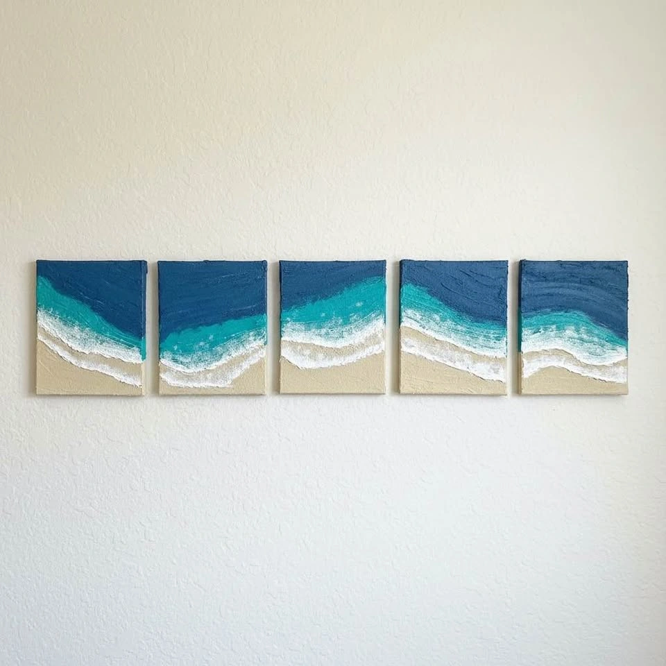 5-Piece Ocean Wave Textured Canvas Art | Handmade 3D Beach Wall - photo 2