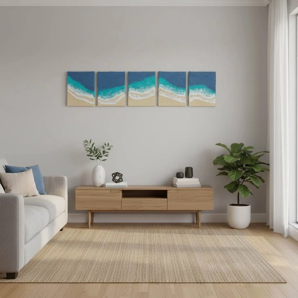 5-Piece Ocean Wave Textured Canvas Art | Handmade 3D Beach Wall - photo 3