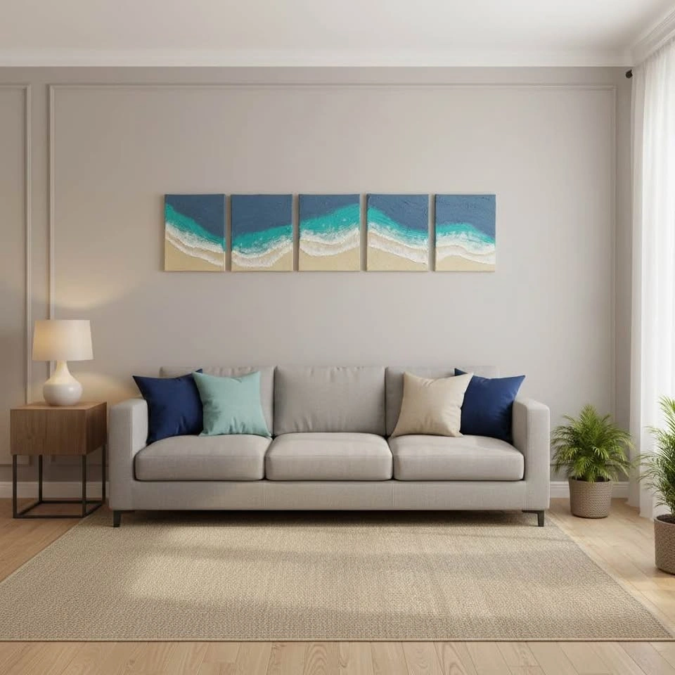 5-Piece Ocean Wave Textured Canvas Art | Handmade 3D Beach Wall - photo 4