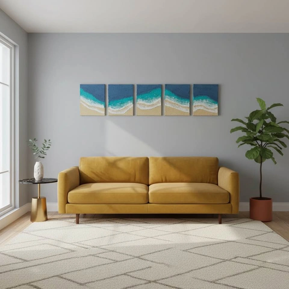 5-Piece Ocean Wave Textured Canvas Art | Handmade 3D Beach Wall - photo 5