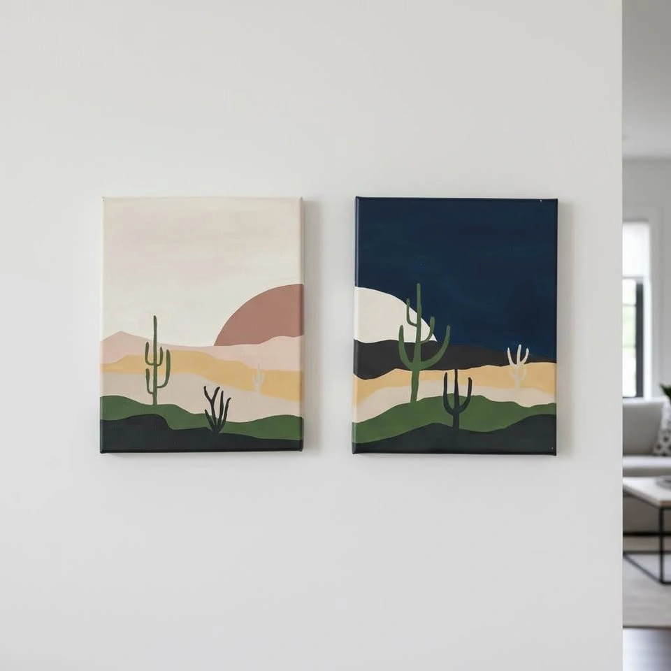 Handmade Desert Cactus Canvas Art (Set of 2) | Day & Night Wall - photo 2