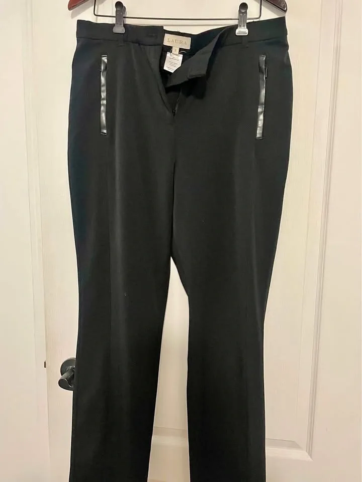 Size 12 Laura Straight-Leg Black Dress Pants with Faux Leather T