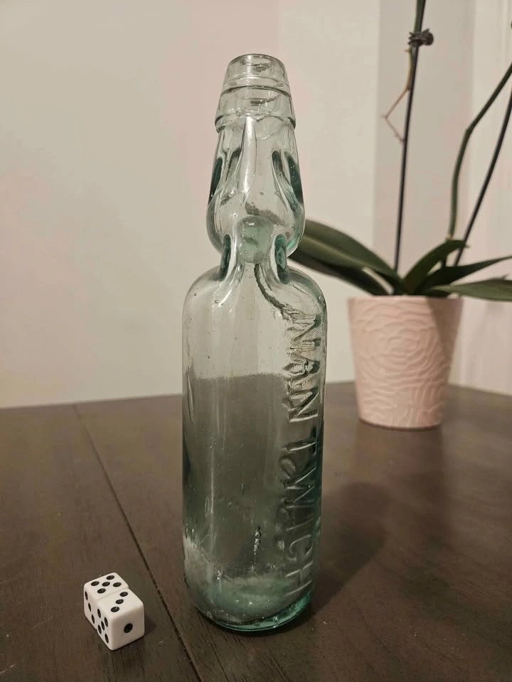 Antique glass soda bottle with marble still inside - photo 3