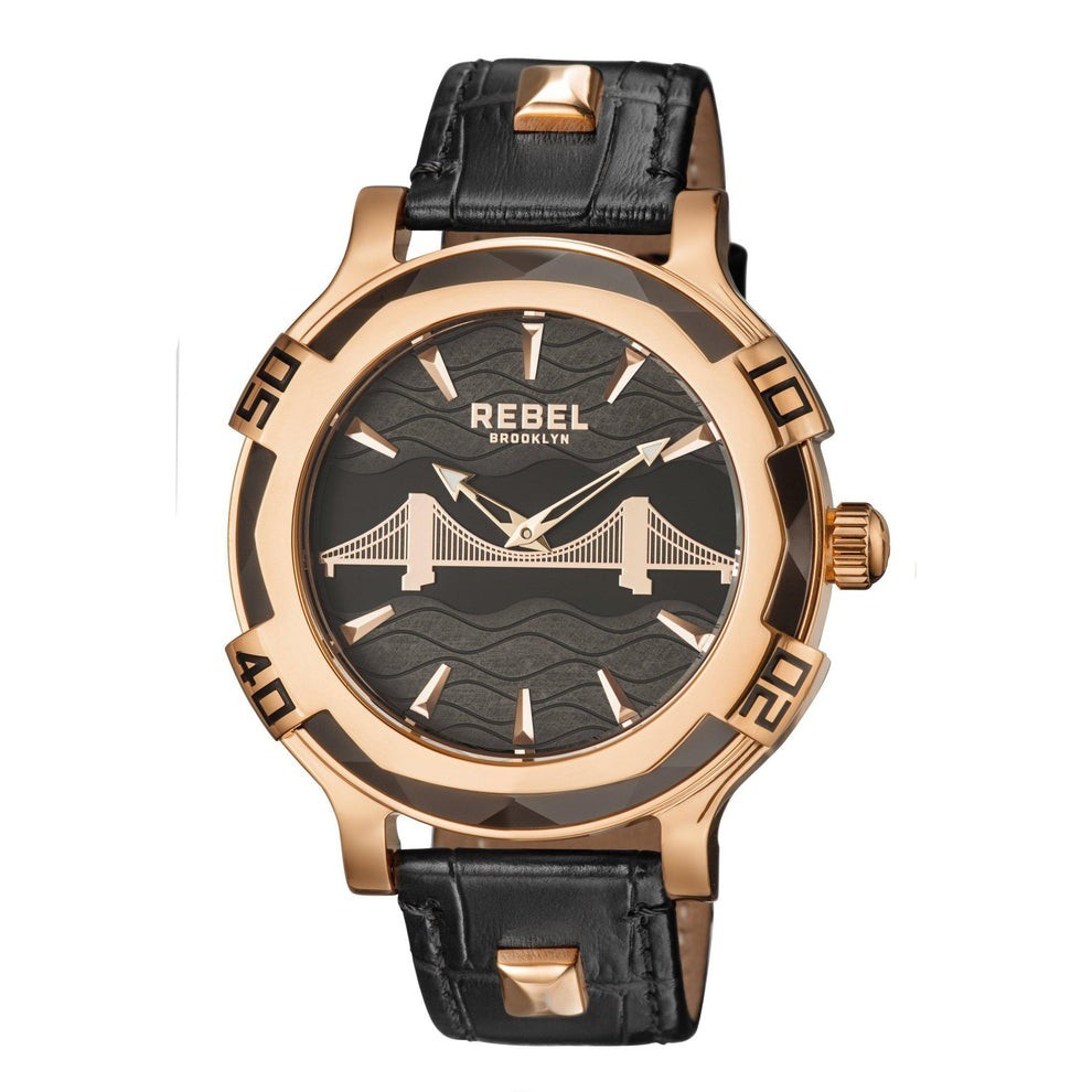 Men's Rebel RB102-8071 Brooklyn Bridge Rose-Gold Black Leather W
