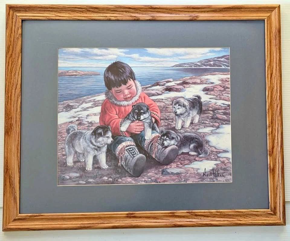 Nori Peter Framed Art Print Child and Husky Puppies