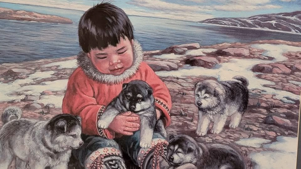 Nori Peter Framed Art Print Child and Husky Puppies - photo 2