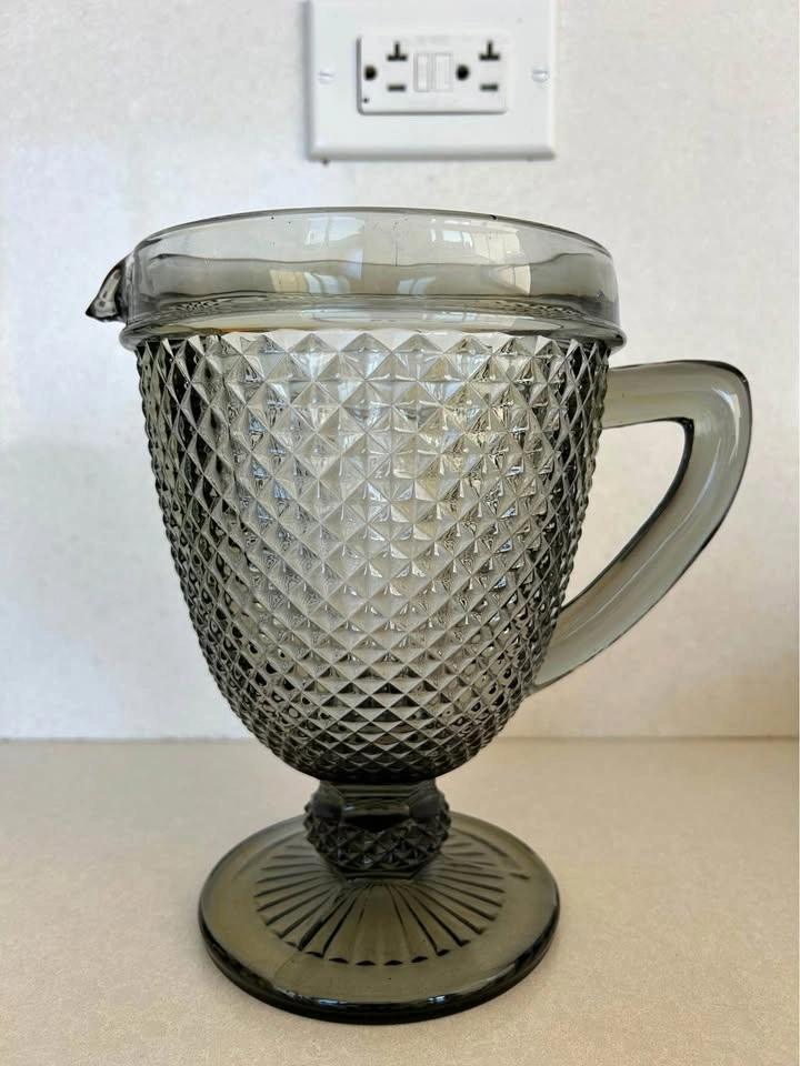 Vintage Smoke Gray Glass Pitcher Diamond Pattern