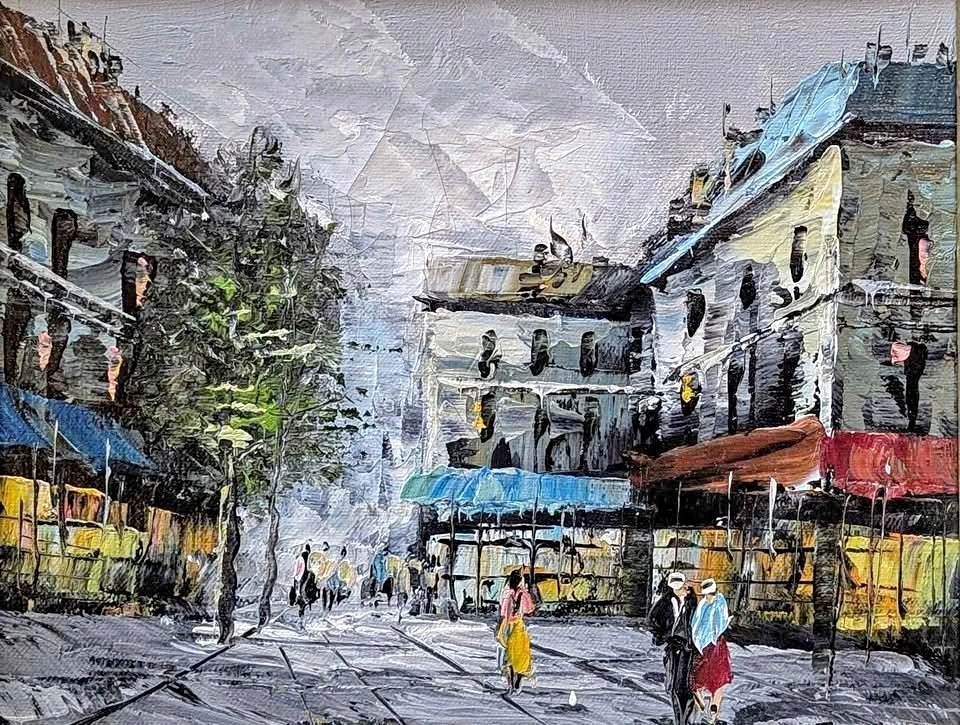 Framed Original Oil Painting of Urban Street Scene
