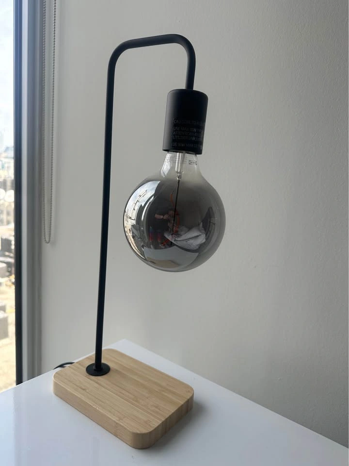 IKEA Table Lamp w/ Wood Base Smoked Glass Bulb - photo 2
