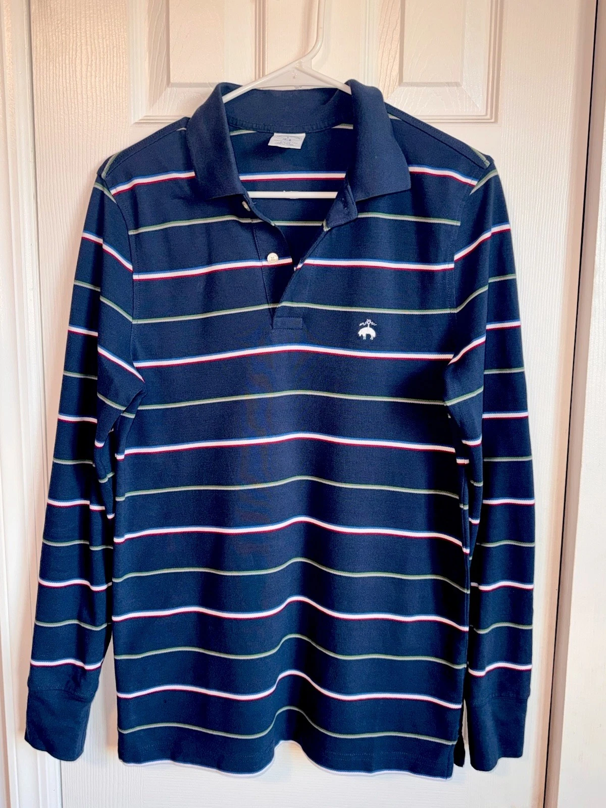Men's Navy Striped Long Sleeve Collared Polo Shirt, Size L