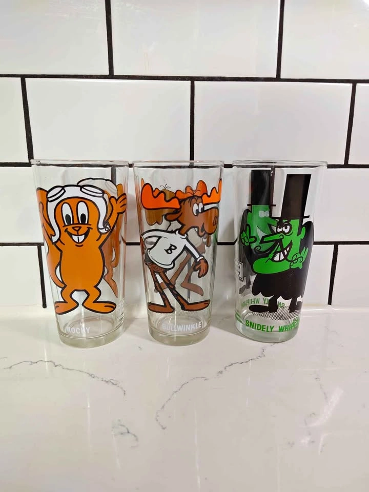 Vintage 1975 Rocky & Bullwinkle Pepsi Collector Glasses x3