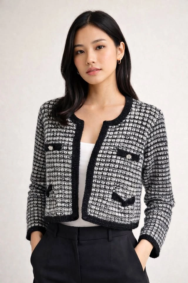 Black & White Tweed Cardigan Jacket – XS