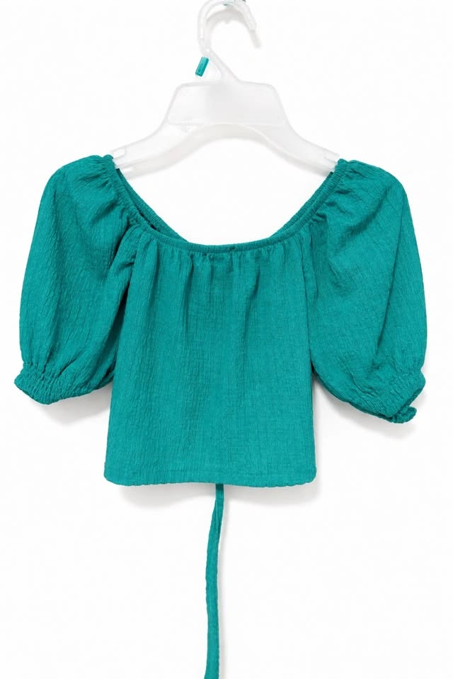 Emerald Green & Light Taupe Puff Sleeve Crop Top - photo 3